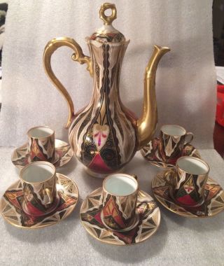 Alhambra Royal Vienna Austria Porcelain Coffee Pot W/5 Demi Cups & Saucers