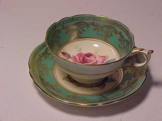 Paragon Cup And Saucer Green & Gold With A Pink Rose