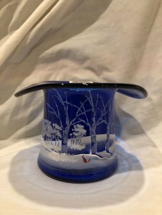 Fenton Gse Hand Painted Canaan Valley On Cobalt Christmas Hat Vase Winter Scene
