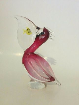 Murano Glass Italy Cranberry Pelican Bird W/fish In Pouch Signed Elio Raffaeli