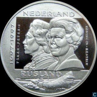 Netherlands 25 Ecu 1997,  Silver Proof,  Queen Beatrix And Tzar Peter The Great