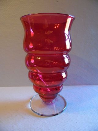 Large Cranberry Glass Footed Vase Bubble Ring Design 9 1/4 Inches Tall