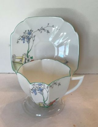 Shelley Cup And Saucer Queen Anne Art Deco.  Tree And Garden Gate Green Trim