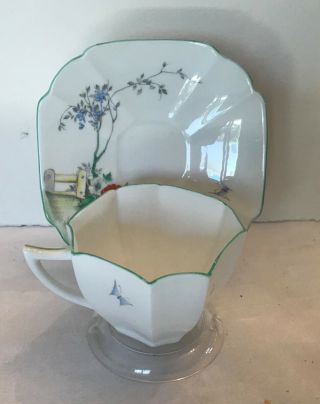 Shelley cup and saucer Queen Anne Art Deco.  Tree and Garden Gate Green trim 2
