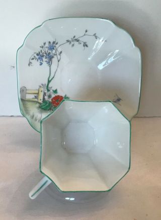 Shelley cup and saucer Queen Anne Art Deco.  Tree and Garden Gate Green trim 3