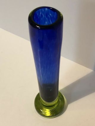 Art Glass Hand Blown Vase Cobalt Blue Encased W/ Clear Citron Green Base Signed