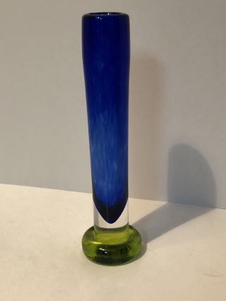 Art Glass Hand Blown Vase Cobalt Blue Encased W/ Clear Citron Green Base Signed 2