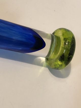 Art Glass Hand Blown Vase Cobalt Blue Encased W/ Clear Citron Green Base Signed 3