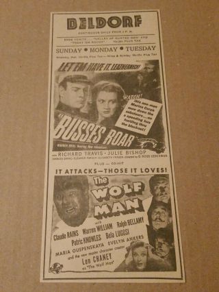 1942 Lon Chaney In The Wolf Man Movie Newspaper Ad Claude Rains