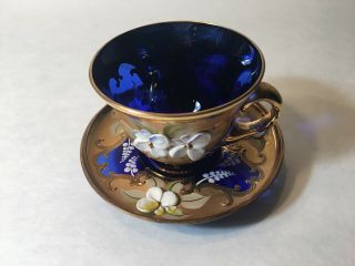 Bohemian Enamel Painted Cobalt Blue & Gold Czech Glass Demitasse Cup And Saucer