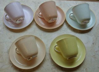 Vintage Royal Worcester Tice & Huntington Set Of 5 Pastel Color Cups And Saucers