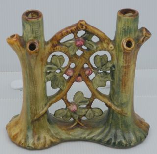 Old Weller Woodcraft Art Pottery Double Bud Vase,  Apple Orchard Tree Design