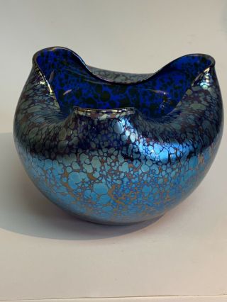 Large Vintage Blue And Dark Blue Loetz Astraea Tri - Lobe Vase (oil Spot Pattern)