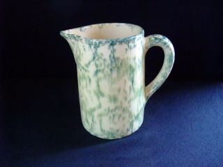 Primitive Rare Antique Cream / Green Spongeware Farm Milk Pitcher 1880 Stoneware