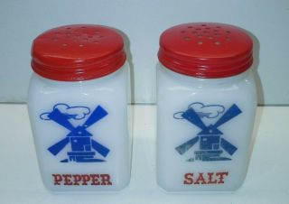 Vintage Dutch Windmill White Milk Glass Salt & Pepper Shaker Set With Lids
