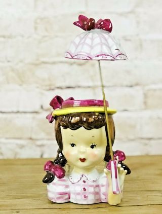 Vintage Semco Napco Napcoware Girl Pigtails Bows Umbrella Purple Lady Head Vase