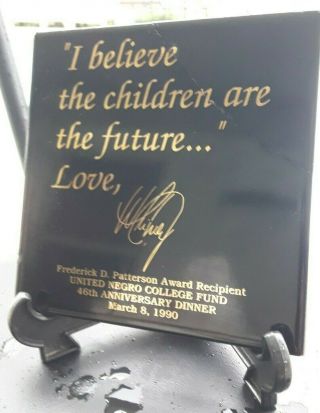 1990 Award Plaque Signed By Whitney Houston For The United Negro College Award.