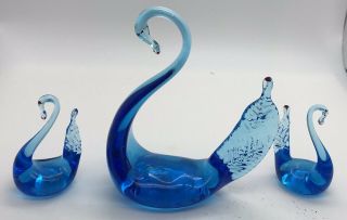 Vintage Hand Blown Glass Set Of 3 Swans In Blue 5 1/2 " And 3 " Gift