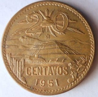 1951 Mexico 20 Centavos - Au - Rare Key Date - Awesome Coin - Mexico Bin B