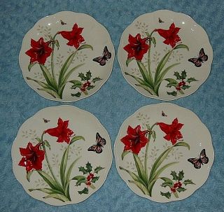 Lenox Butterfly Meadow 4 Christmas Holiday Monarch Amaryllis Dinner Plates Nwt