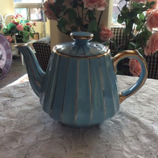 Rare Vintage Sadler England Teapot Light Blue With Gold Trim