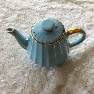 RARE Vintage Sadler England Teapot Light Blue With Gold Trim 2