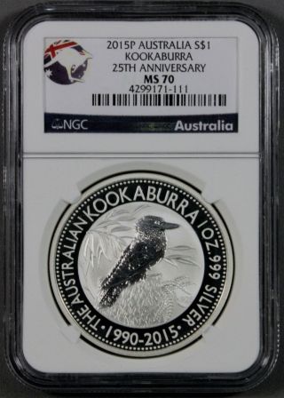 2015 - P Australia Kookaburra 25th Anniversary Silver $1 Ngc Ms 70