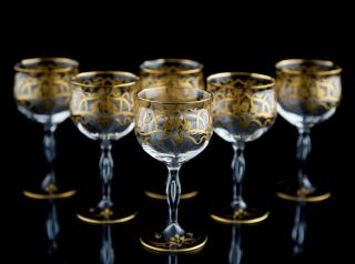 Bohemian Josephinenhütte Gold Liquor Cocktail Glasses,  Set Of (6),  Tulip Design