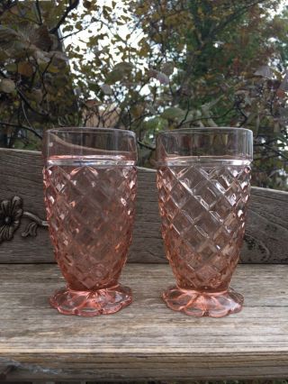 2 Anchor Hocking Glass Pink Depression Waterford / Waffle 5 1/4 " Tumblers