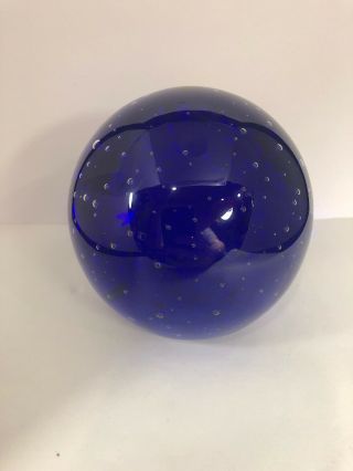 Large Cobalt Blue With Clear Bubble Ball Art Glass Paperweight 12l