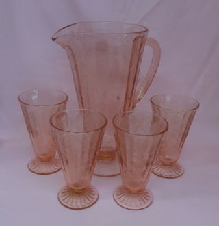 Jeannette Pink Floral Poinsettia Lemonade Ftd Pitcher 10 1/4 " And 4 Tumblers