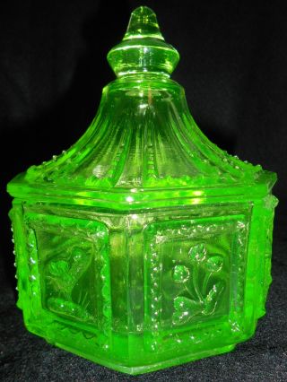Green Vaseline Glass Springerle Pattern Candy Dish Butter Pat Uranium Cookie Jar