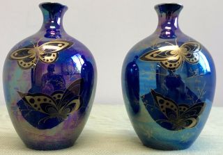 Pair 2 Crown Devon Lustrine Fieldings Small Vases Butterflies England Sylvan