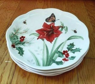 4 Lenox Butterfly Meadow Christmas Holiday Monarch Amaryllis Accent Salad Plates