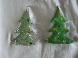 2 Murano Italy Clear Green Art Glass Swirl Christmas Tree Paperweights 6 " & 6.  5 "