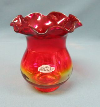 Vintage Blenko Handcraft Amberina Glass Vase Ruffled Top W/ Label