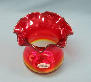 Vintage Blenko Handcraft Amberina Glass Vase Ruffled Top w/ Label 2