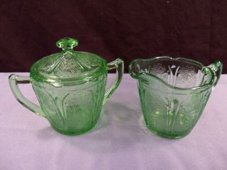 Jeannette Cherry Blossom Green Depression Glass Creamer & Covered Sugar Bowl Set
