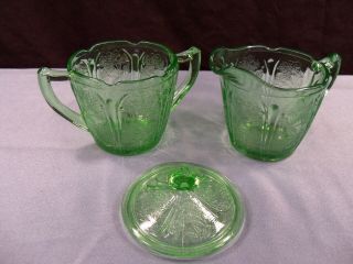 Jeannette CHERRY BLOSSOM Green Depression Glass Creamer & Covered Sugar Bowl Set 2