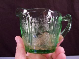 Jeannette CHERRY BLOSSOM Green Depression Glass Creamer & Covered Sugar Bowl Set 3