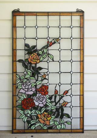 20 " X 34 " Large Handcrafted Stained Glass Window Panel Rose Flower