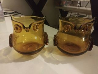 Set Of 2 Vtg Art Glass Owl Candle Holder Votives Vase Hand Blown Amber Yellow