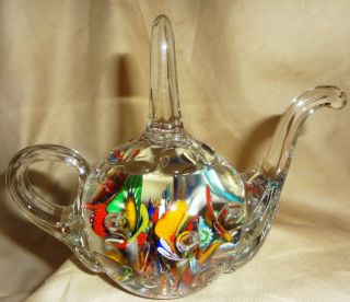 Very Rare Sgnd Joe St.  Clair Art Glass Millifiori Teapot Ring Holder Paperweight