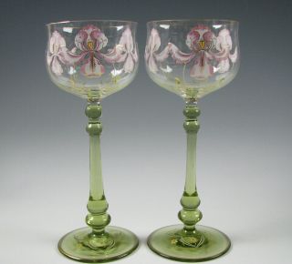 2 Antique Hand Enamel Wine Stems German Theresienthal Or Bohemian Moser Orchids