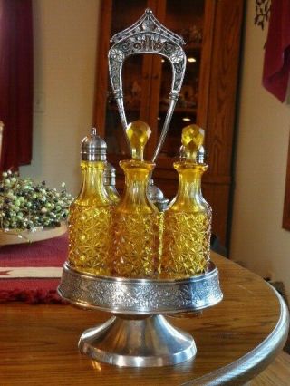 Antique Victorian Castor Cruet Bottle Set 6 Amber Daisy And Button Glass