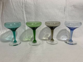 4 Vintage Mid Century Modern Multi Colored Liquor / Cordial / Cocktail Glasses