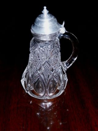 Eapg Antique Pressed Glass Syrup Pitcher With Pewter Lid Late 1800 