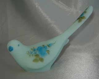 Vintage Fenton Hand Painted Blue Floral Satin Glass Bird Figurine (n.  Kuhne)