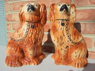 Pair Antique Staffordshire Pottery Spaniels Dogs 9 " Brown W Black Chains