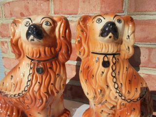 Pair Antique Staffordshire Pottery Spaniels Dogs 9 